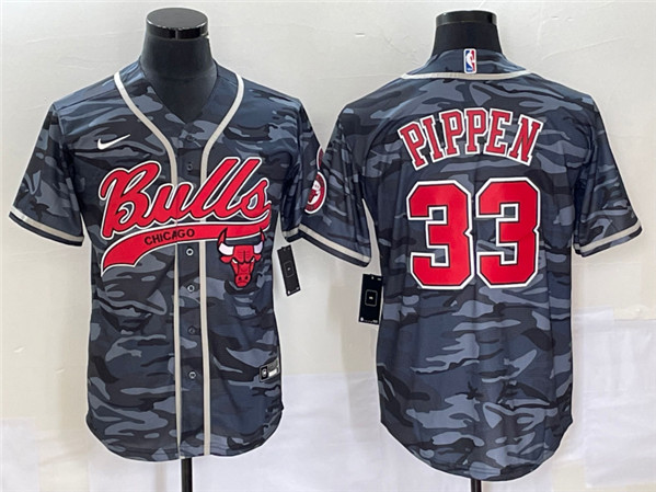 Men's Chicago Bulls #33 Scottie Pippen Gray Camo Cool Base Stitched Baseball Jersey